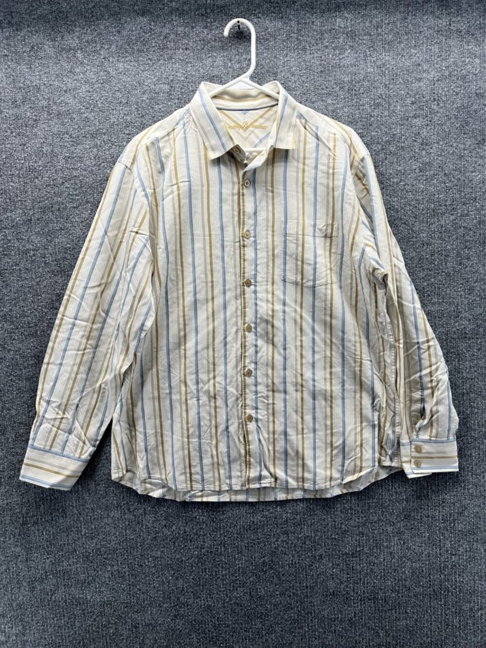 Tommy Bahama Shirt Men Large Beige Stripe Long Sleeve Button Up Silk Woven